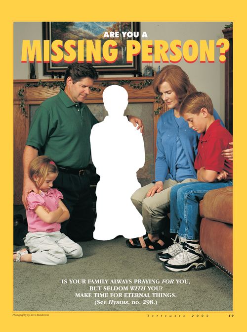 A conceptual photo of a family praying with the silhouette of a missing person among them, paired with the words “Are You a Missing Person?”