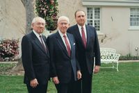 First Presidency in 1988 consisting of Ezra Taft Benson, Gordon B. Hinckley, and Thomas S. Monson.