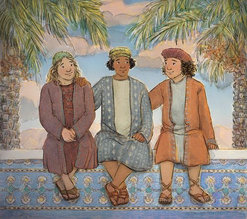 Illustration of Shadrach, Meshach, and Abednego sitting together talking.