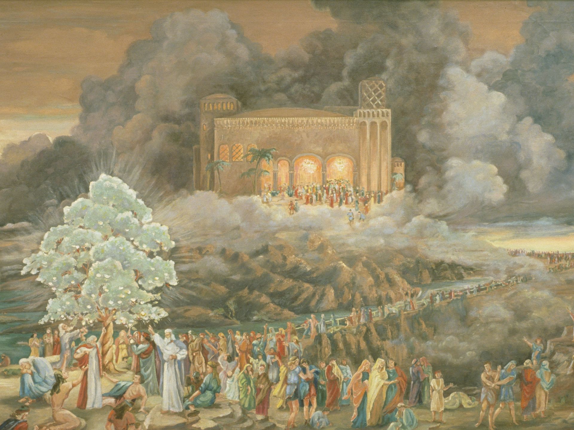 One oil on canvas paianting depicting Lehi's Dream in the Book of Mormon.  The Tree is seen at left with Lehi beconning people to come partake of the white fruit.  Dark clouds and red sky fill the background.  The great and spacious building is seen at center middle ground with people inside and others entering it.  The river and iron rod is seen passing from right to left in front of the building.  Many people are seen in various attitudes as they accept or reject Lehi's invitation.