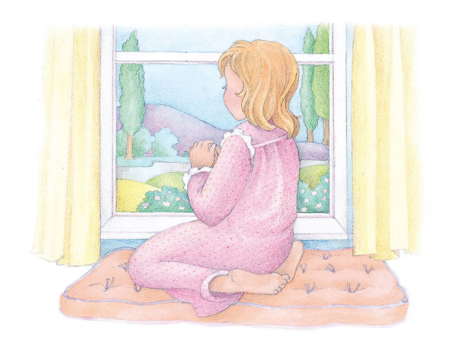 A girl kneeling on a window seat and looking out the window. From the Children’s Songbook, page 106, “The Still Small Voice”; watercolor illustration by Phyllis Luch.