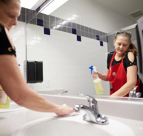 woman cleaning a sink