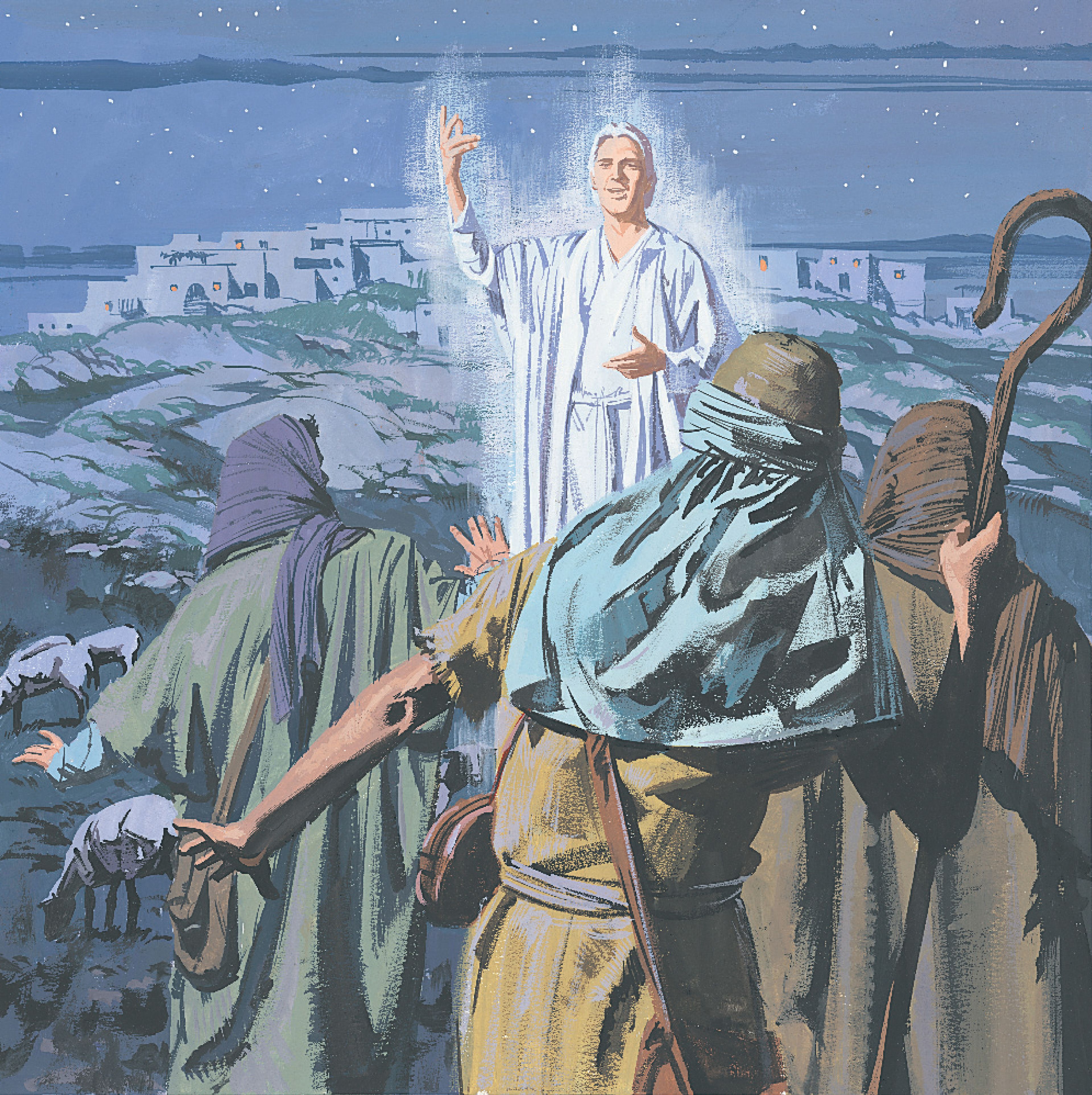 An illustration of the announcement of Christ’s birth to the shepherds.