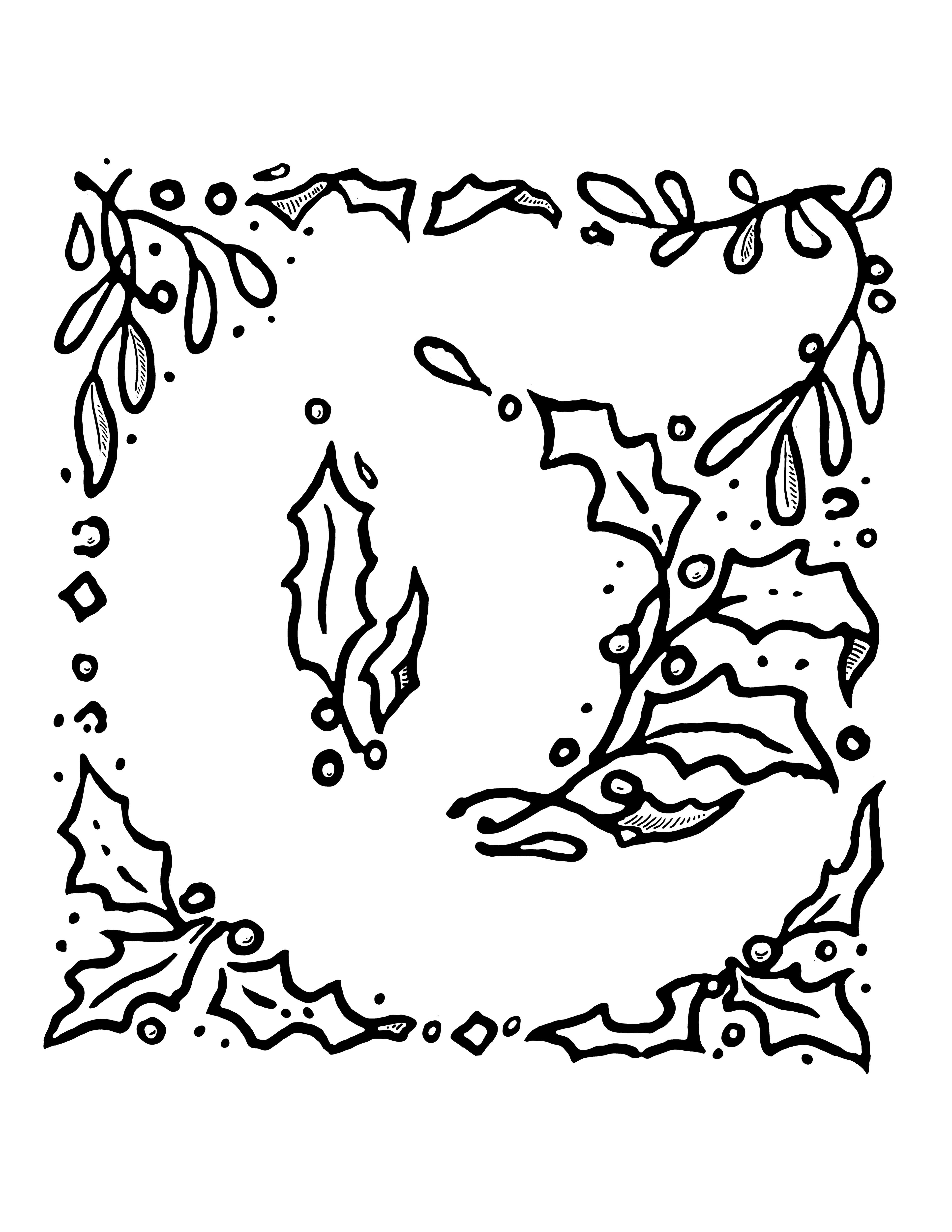 A coloring page of holly leaves forming a capital C.
