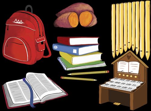 Open book, yams, pipe organ, red backpack, and stack of books