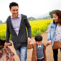 Family walking together around flower fields