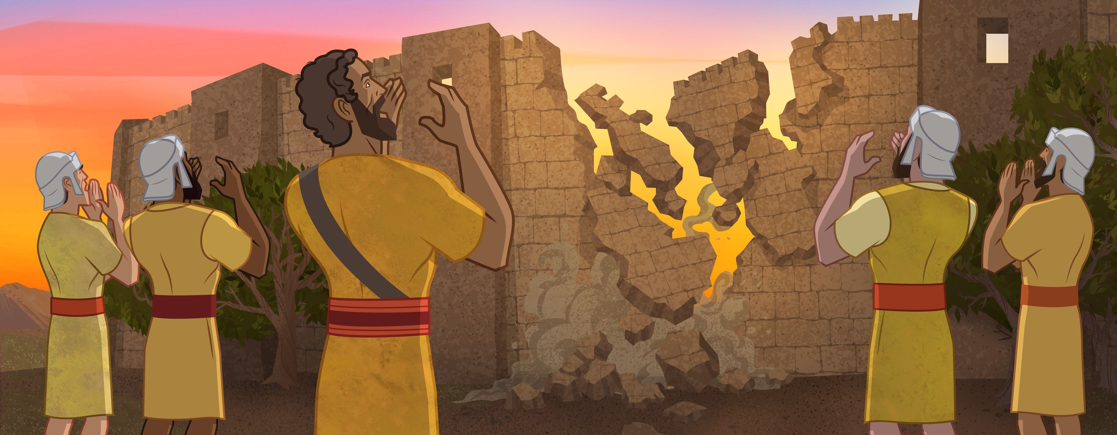 Illustration of Israelites shouting, wall falling. Joshua 6:15–16, 20