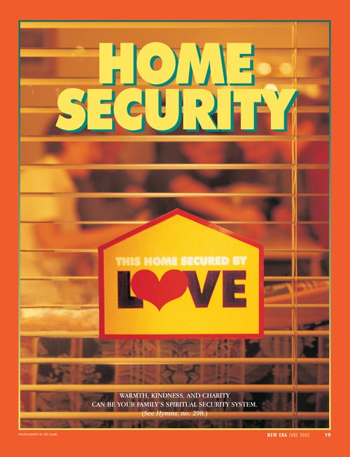 An image of the window on a house with a sign that says, “This Home Secured by Love,” paired with the words “Home Security.”