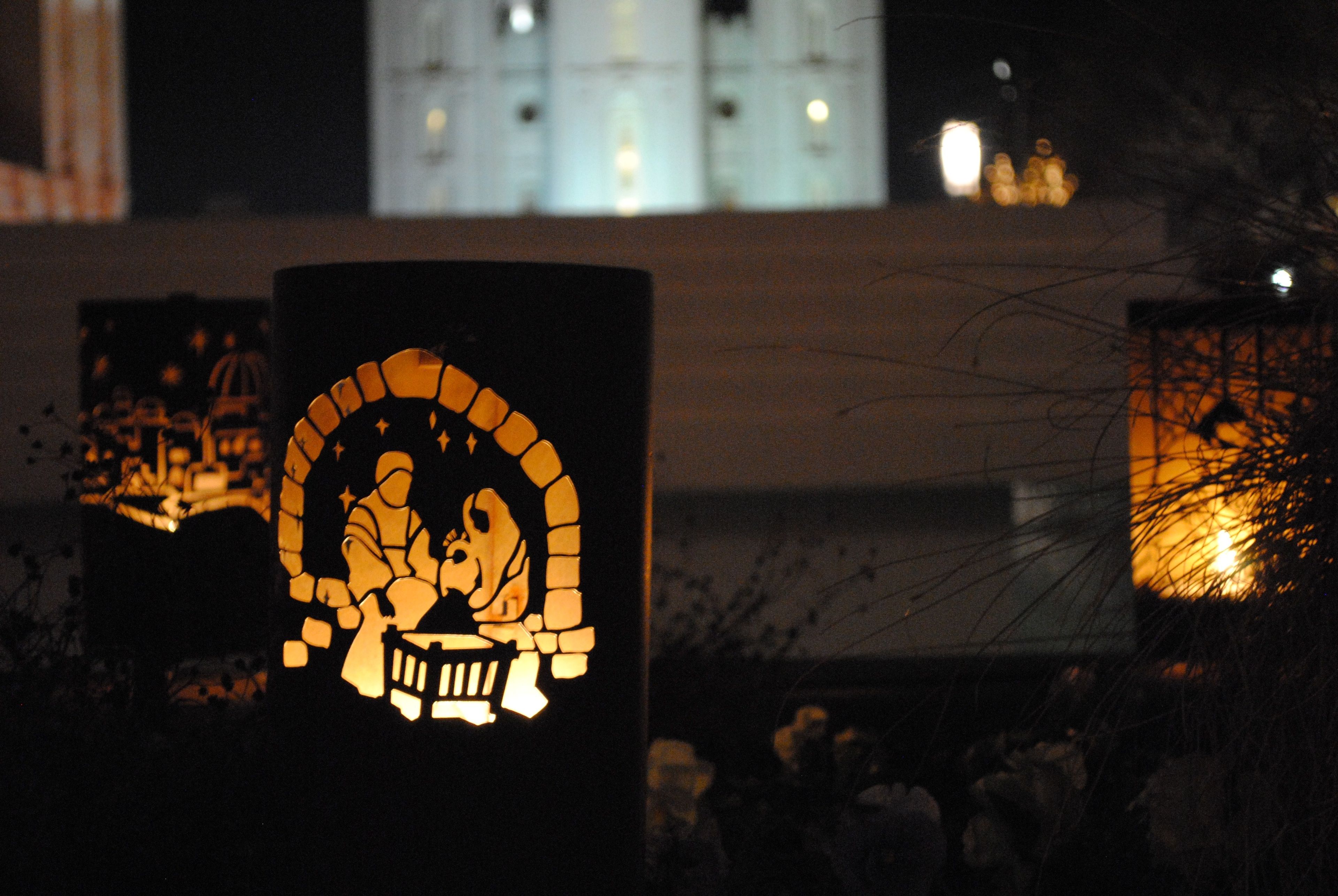 A luminaria on Temple Square at Christmastime depicting the Nativity scene.