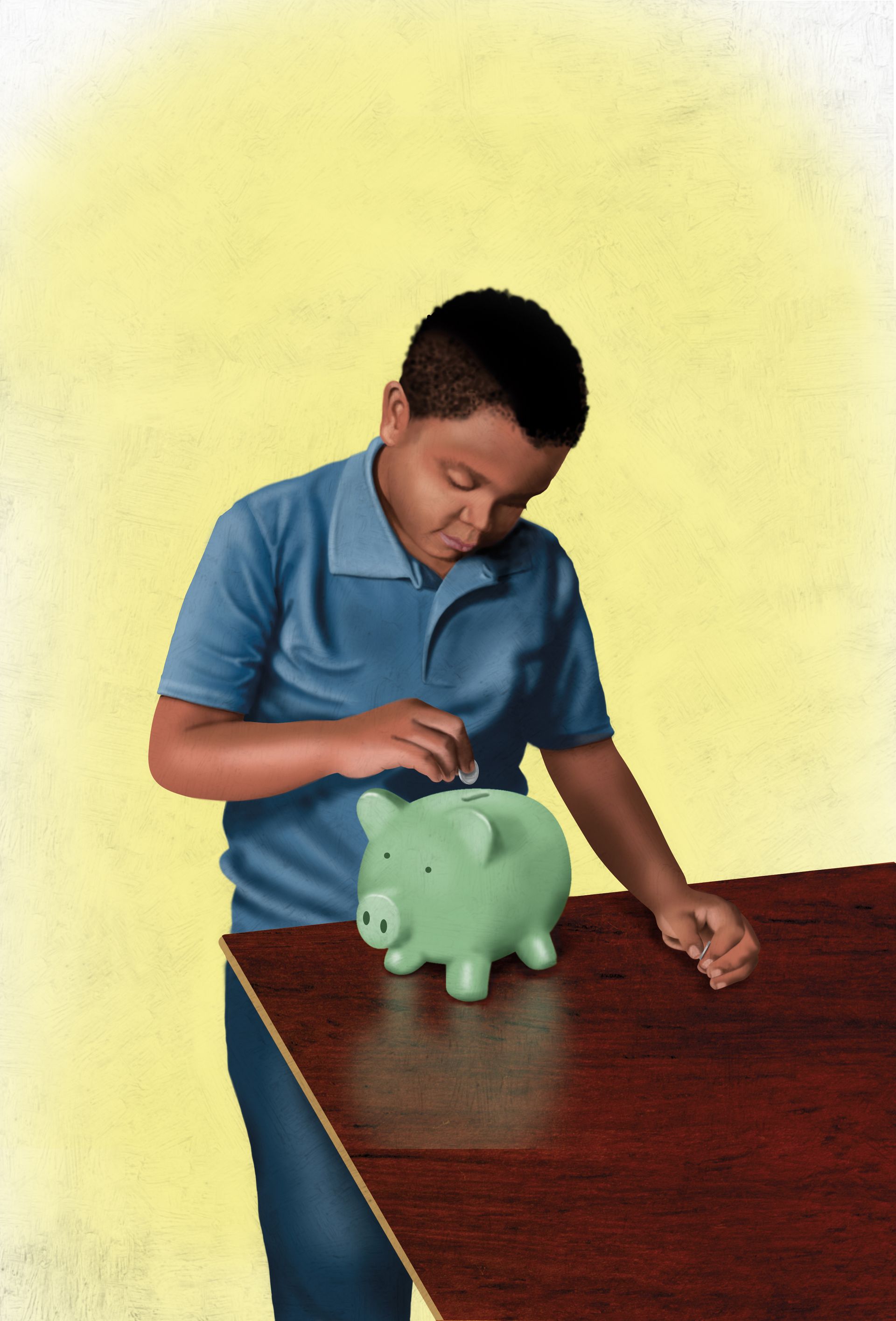 A boy puts money in a piggy bank.