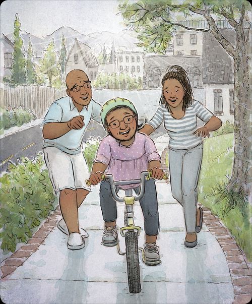 parents helping a girl ride her bike