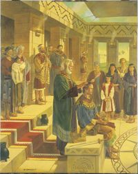 Kuningas Benjamin luovuttaa valtakunnan Moosialle