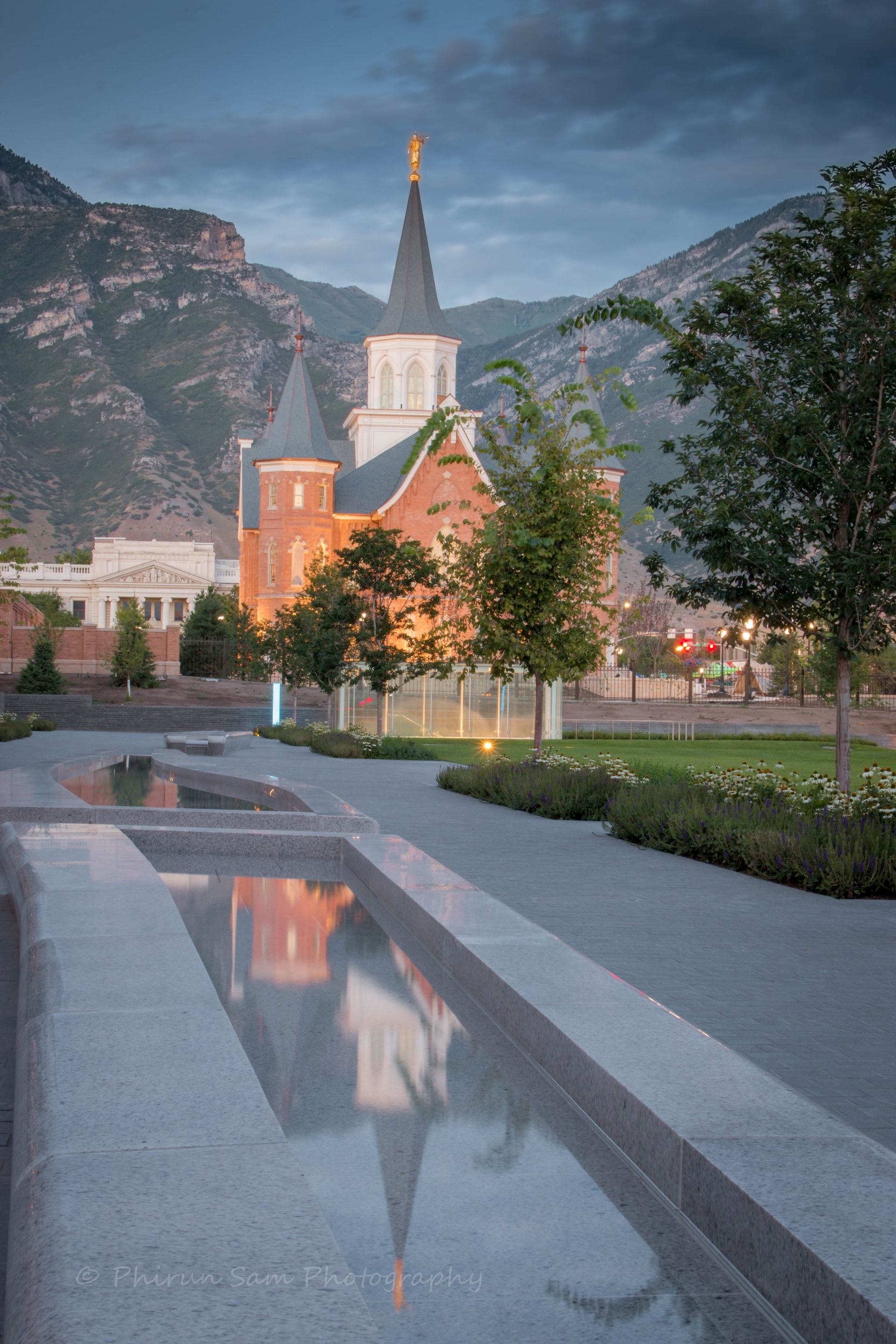 Reflecting pools and trees outside the Provo City Center Temple.