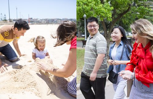 family at the beach and group of people walking