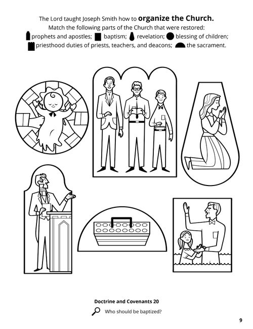 Coloring page of baby blessing, baptism, child praying, priesthood holders, sacrament tray