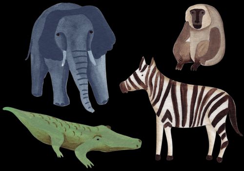 An elephant, a crocodile, a zebra, and a baboon