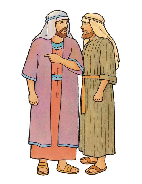An illustration of Laman and Lemuel from the Book of Mormon, standing together and whispering.