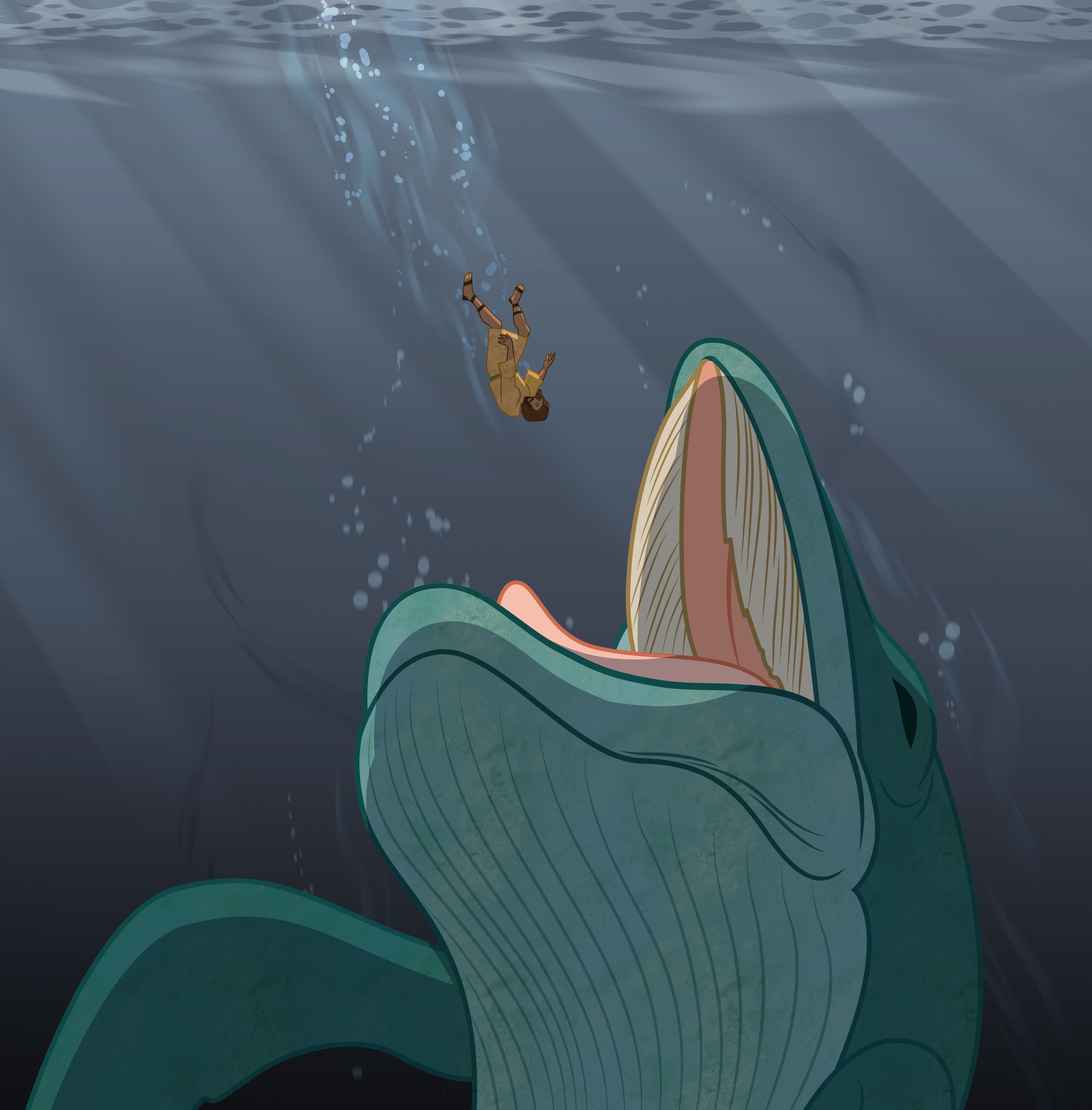 Ilustración de un pez grande que se traga a Jonás. 
Jonás 1:15, 17