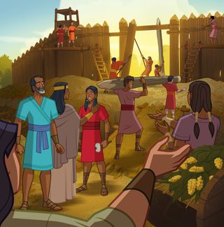 young soldiers build a fort with Nephite soldiers, and parents bring food