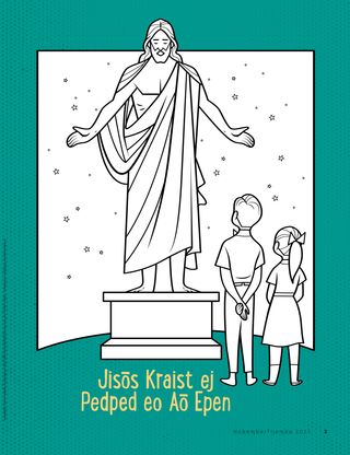 coloring page of two children looking at statue of Jesus