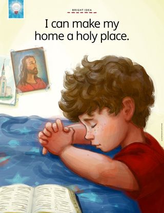 boy praying at bed with picture of Jesus on wall