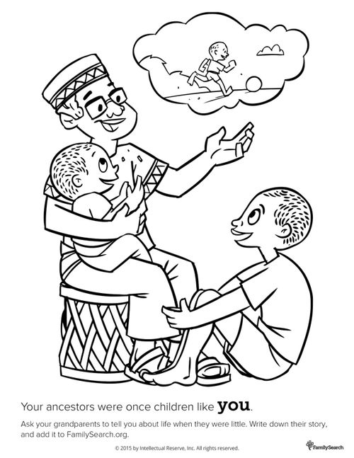 A black-and-white drawing of a grandfather sitting down with two of his grandsons while telling them a story from his childhood.