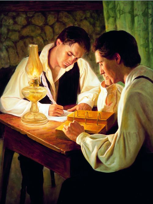 Oliver Cowdery writing as Joseph Smith reads from the gold plates.