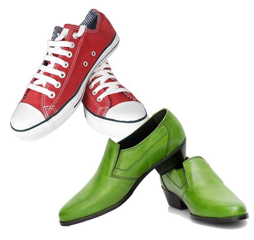 a pair of green shoes and red shoes