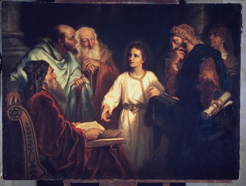 Jesus Christ at age twelve in the temple at Jerusalem during the Feast of the Passover. A group of learned Jewish doctors are gathered around Christ. The doctors are expressing astonishment at the wisdom and understanding of the young Christ. (Luke 2:41-50)