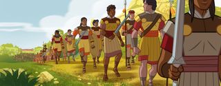 young soldiers march in a long line, a Lamanite army follows them, and a Nephite army follows the Lamanite army