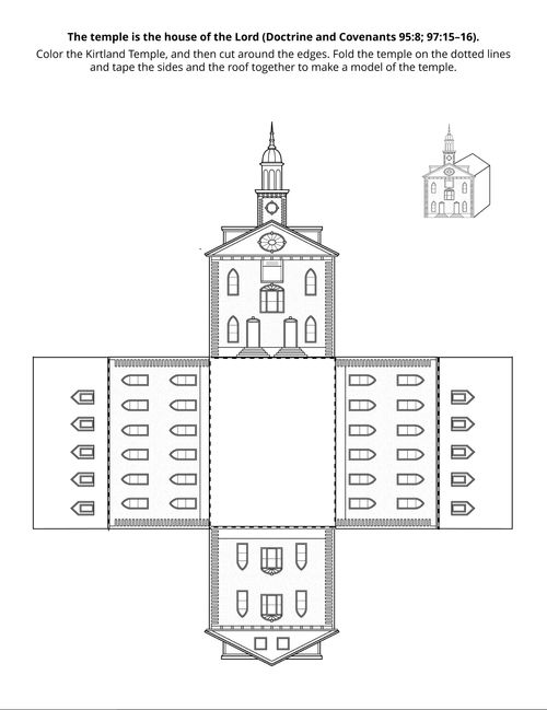 A line art drawing of the Kirtland Temple that folds to create a 3D model. 