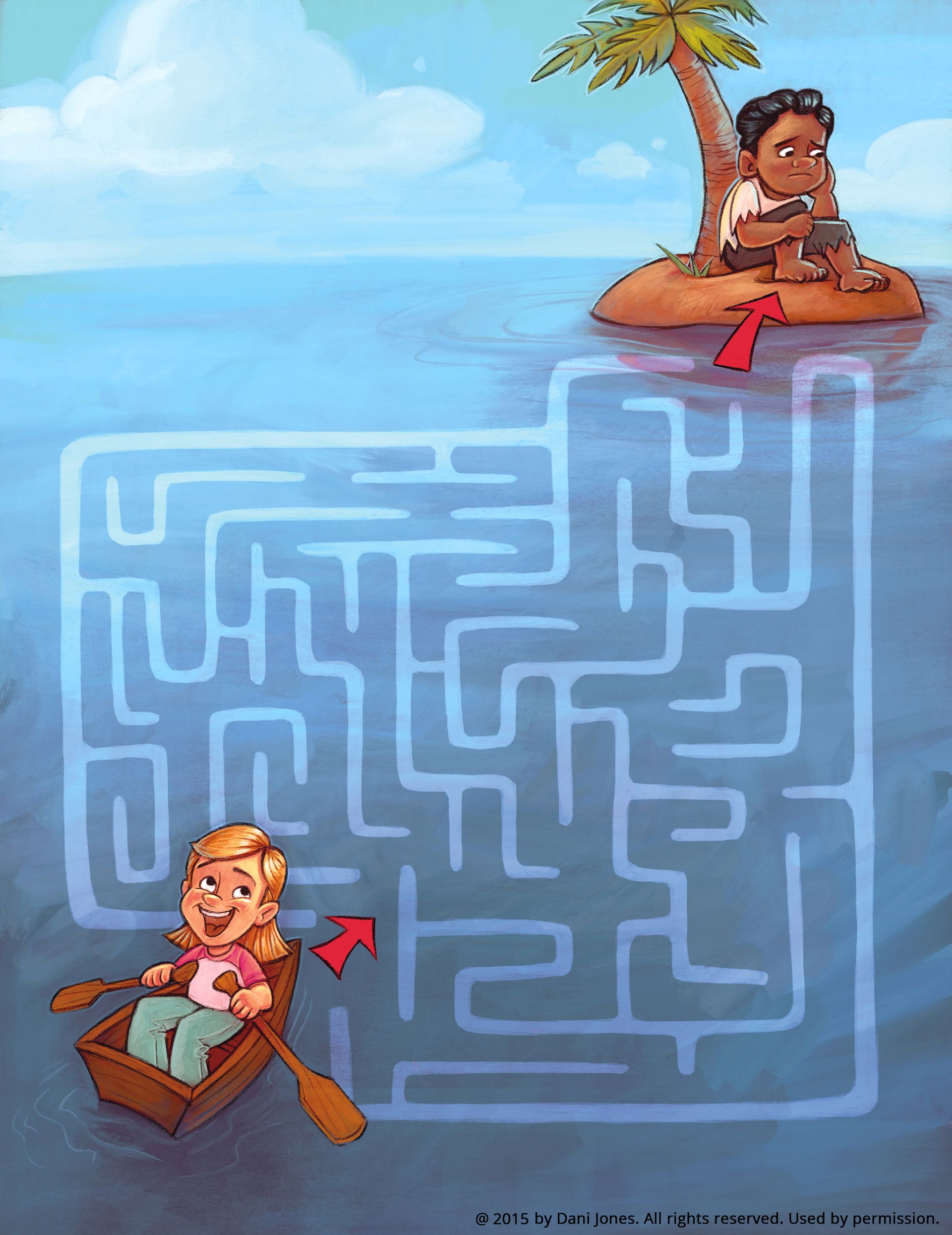 A maze starting with a girl in the ocean at the bottom of the page and ending with a boy stranded on an island.