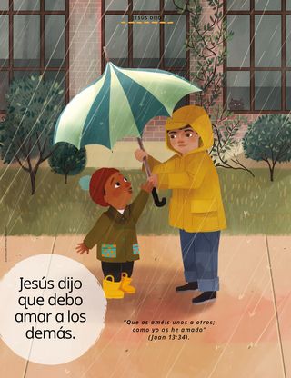 boy holding striped umbrella for other child in the rain