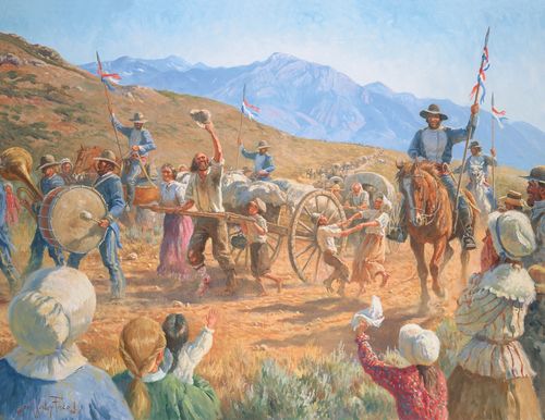 A painting by Clark Kelley Price depicting a large group of handcart pioneers cheering and celebrating as they enter the Salt Lake Valley.