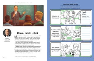 Tehtävän PDF-tiedosto, jossa näkyy kaksi tyttöä juttelemassa, tyttö viittaamassa koulussa ja kaksi poikaa puhumassa