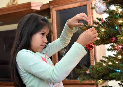 A Navajo girl decorates a Christmas tree with a shiny red ornament.