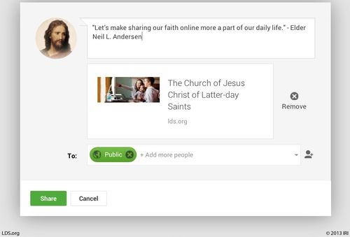 A screenshot of an online social media platform with a quote by Elder Neil L. Andersen: “Let’s make sharing our faith … a part of our daily life.”
