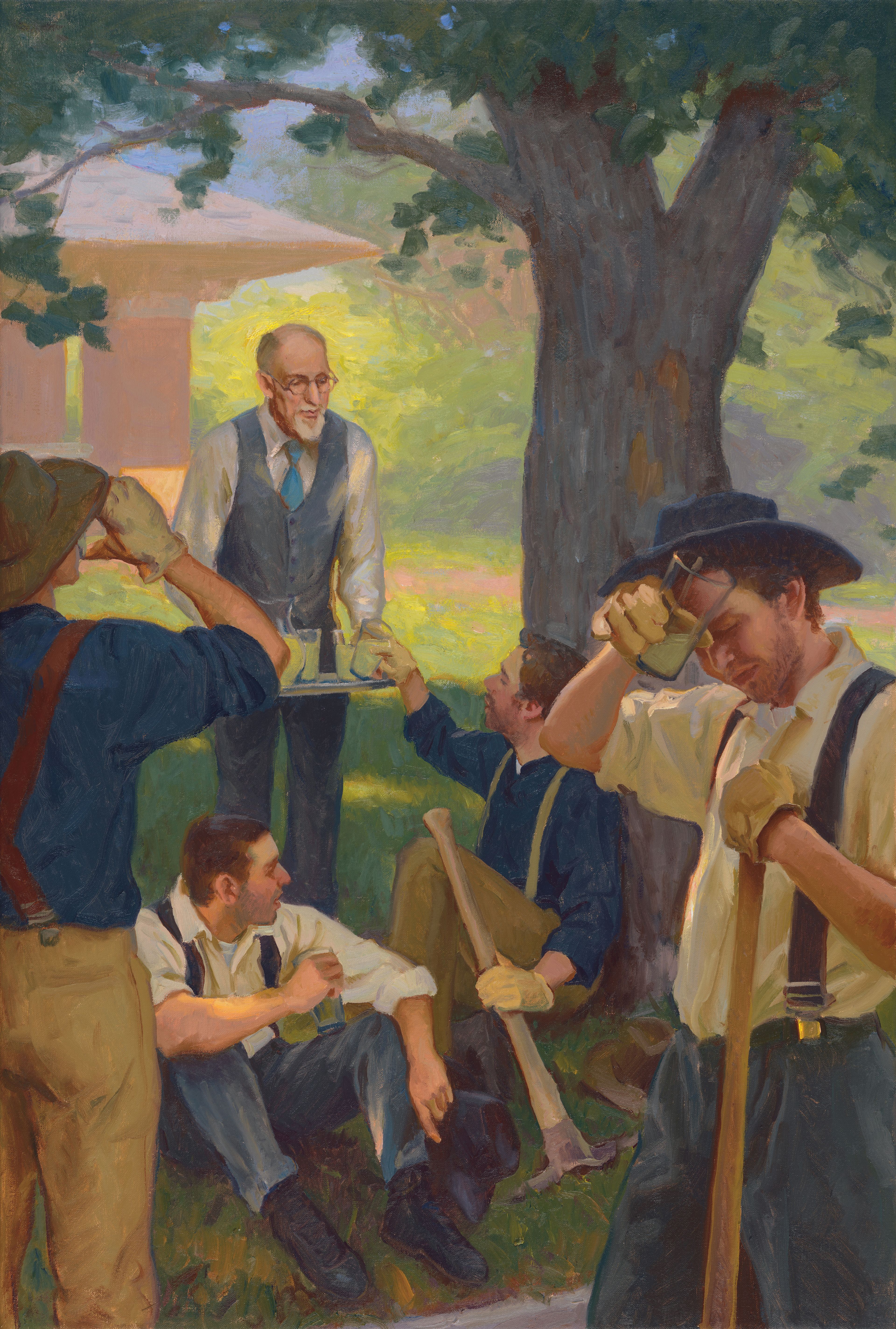 A depiction of President George Albert Smith serving lemonade to workers outside his home on a hot day. Teachings of Presidents of the Church: George Albert Smith (2011), 224