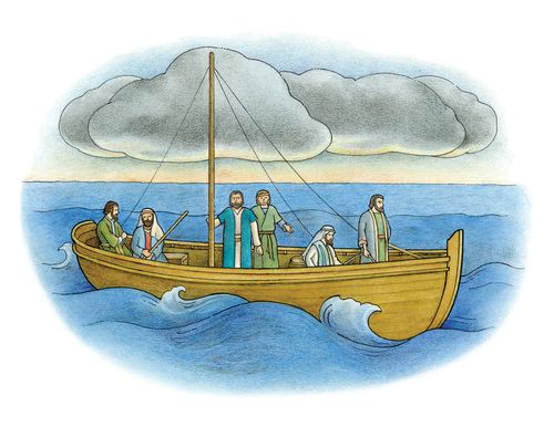 An illustration of Jesus standing on a boat with five of His Apostles and calming the stormy sea, with storm clouds above in the sky.