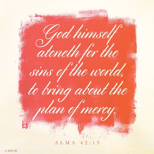 A pink and orange watercolor background with the words from Alma 42:15 printed over the top.