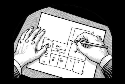 hands drawing a sketch of a building floor plan