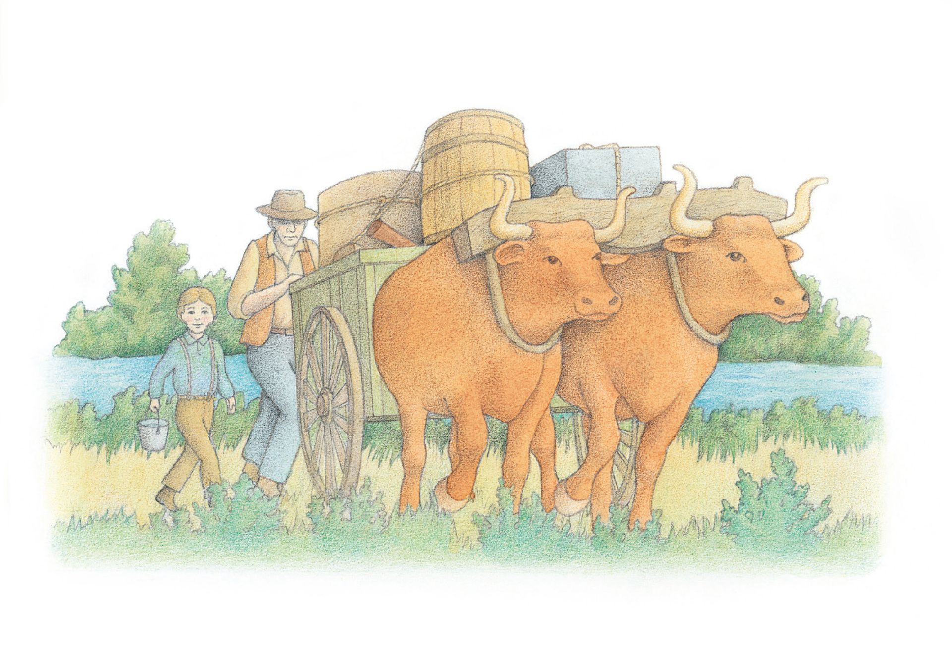 Two oxen pulling an oxcart near a river. From the Children’s Songbook, page 219, “The Oxcart”; watercolor illustration by Beth Whittaker.