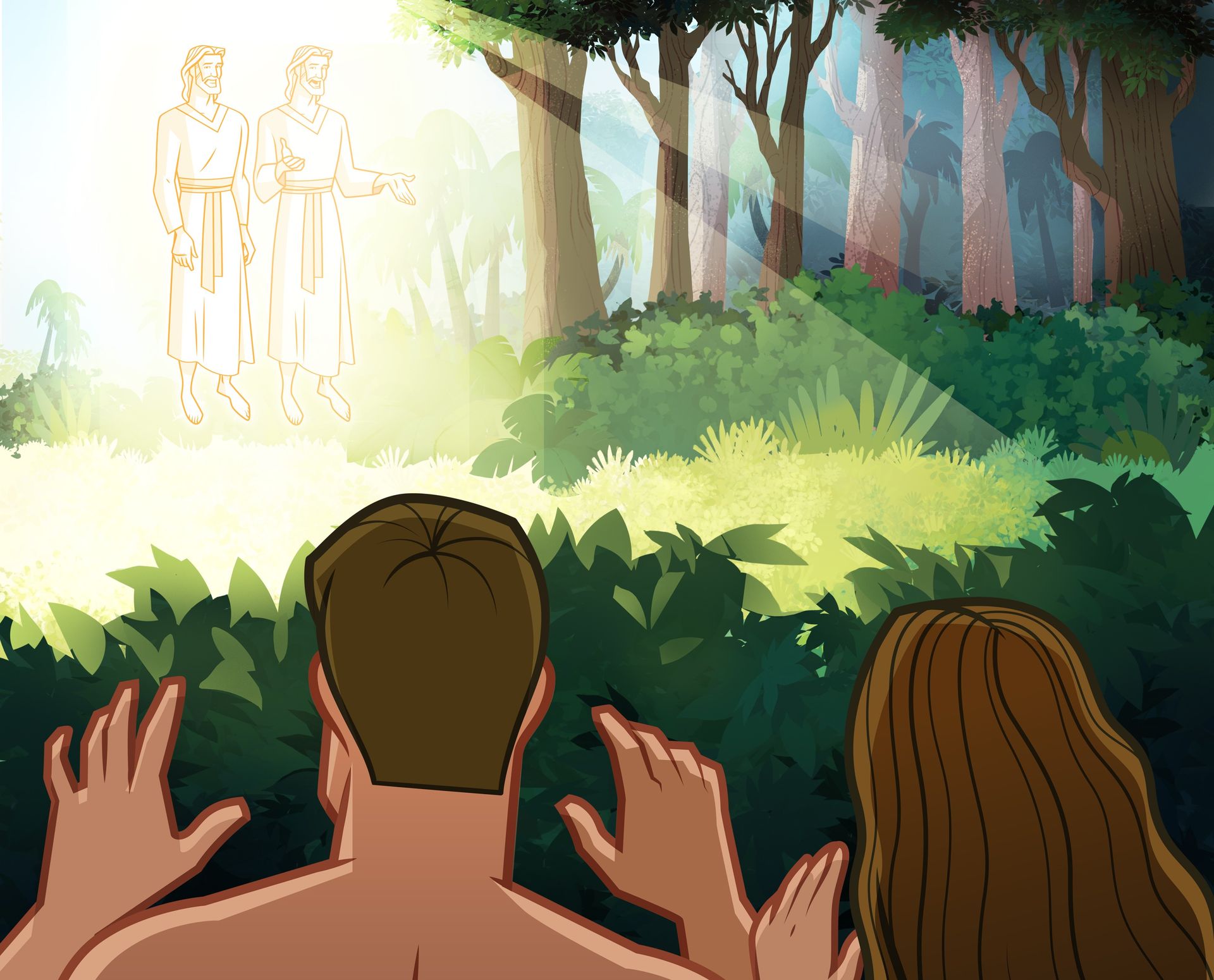 Illustration of Adam and Eve hiding from God and Jesus. Genesis 3:8–13; Moses 4:13–14