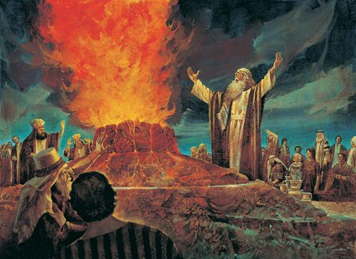 A painting by Jerry Harston showing Elijah standing before a fire-engulfed altar with arms extended while the priests of Baal stand back.