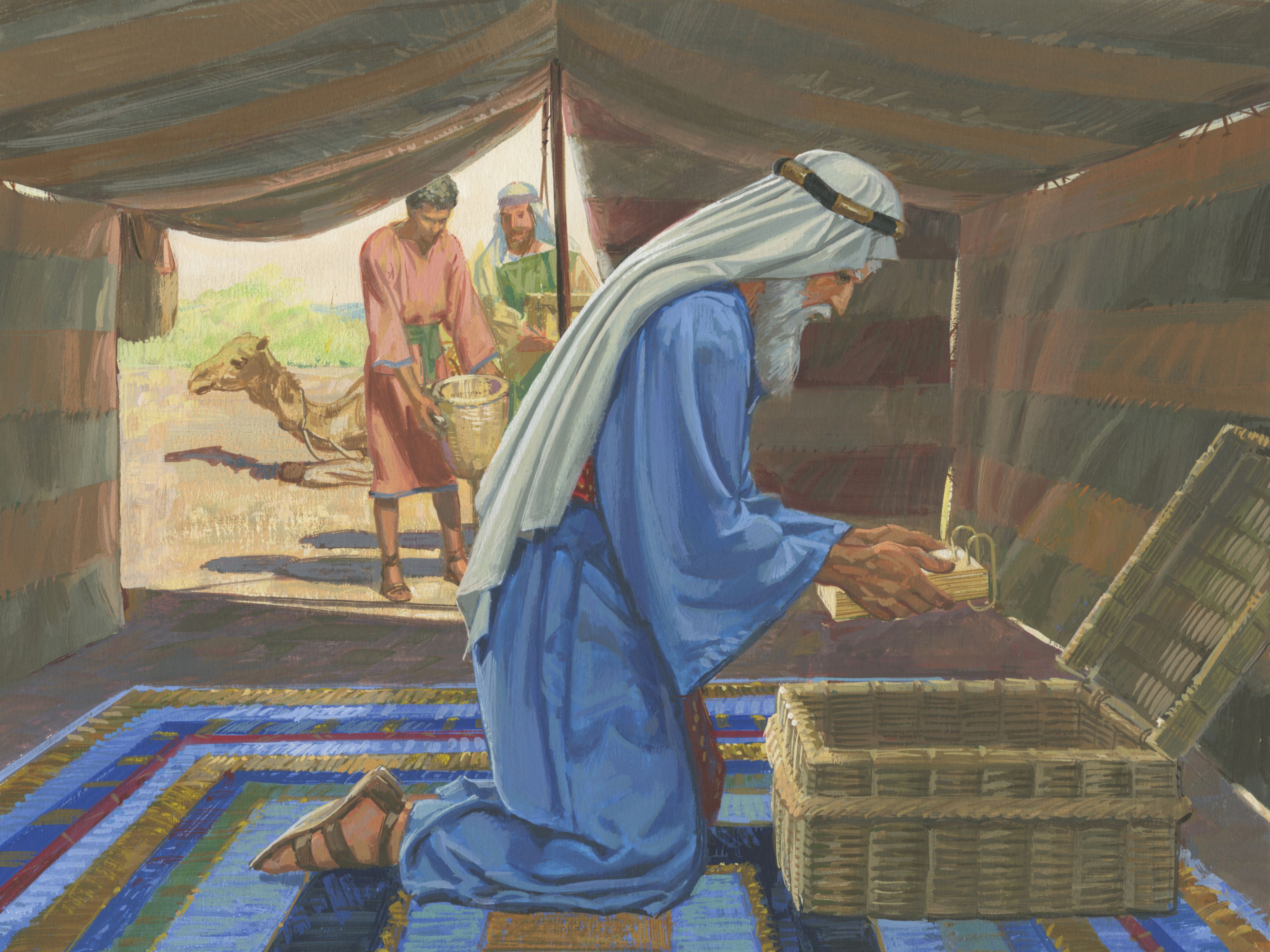 A painting by Jerry Thompson depicting Lehi and the brass plates; Primary manual 3-44