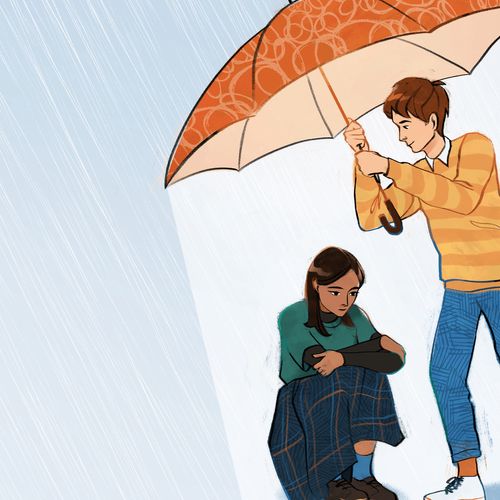 young man holding an umbrella over a young woman, who looks sad