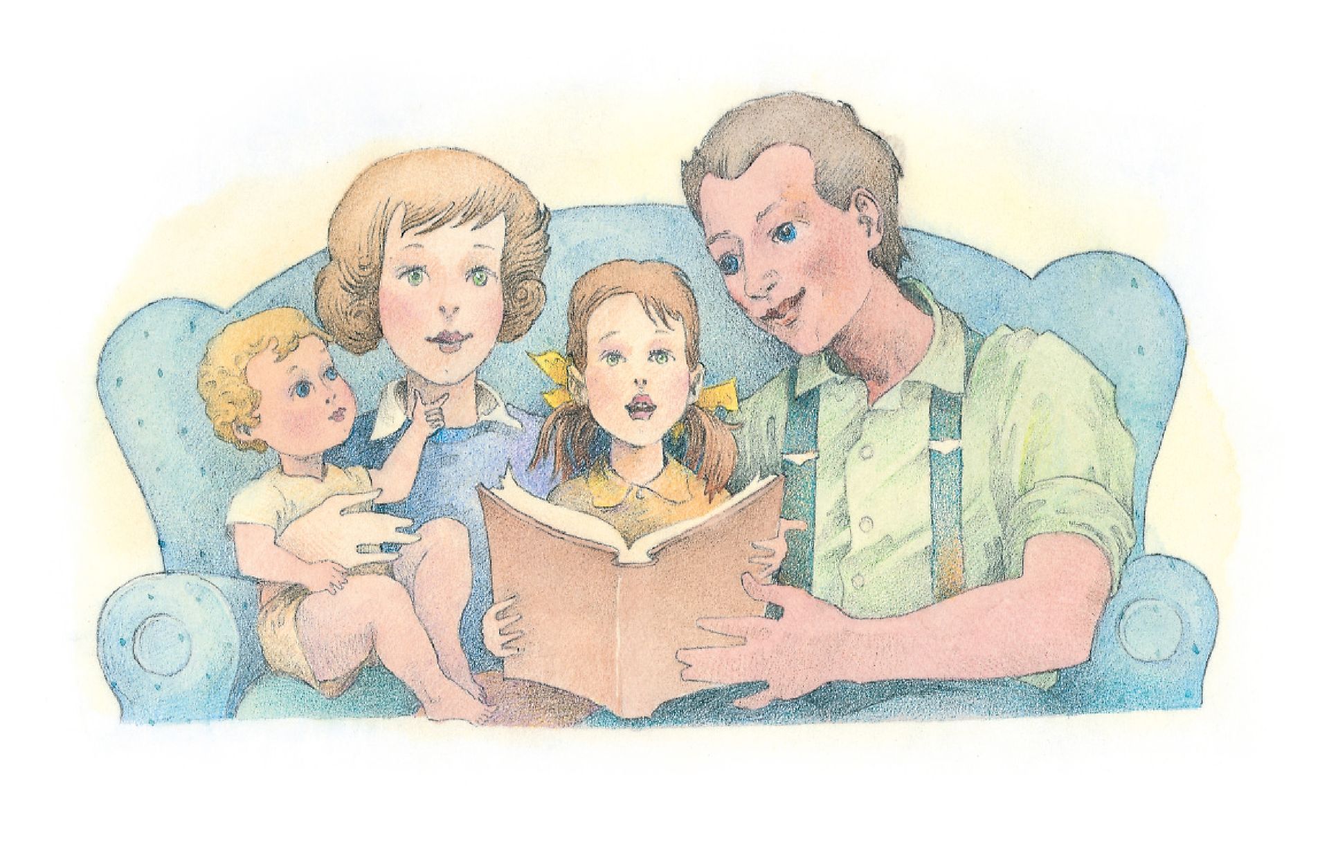 A family of four holding a songbook and singing together. From the Children’s Songbook, page 195, “Family Night”; watercolor illustration by Richard Hull.