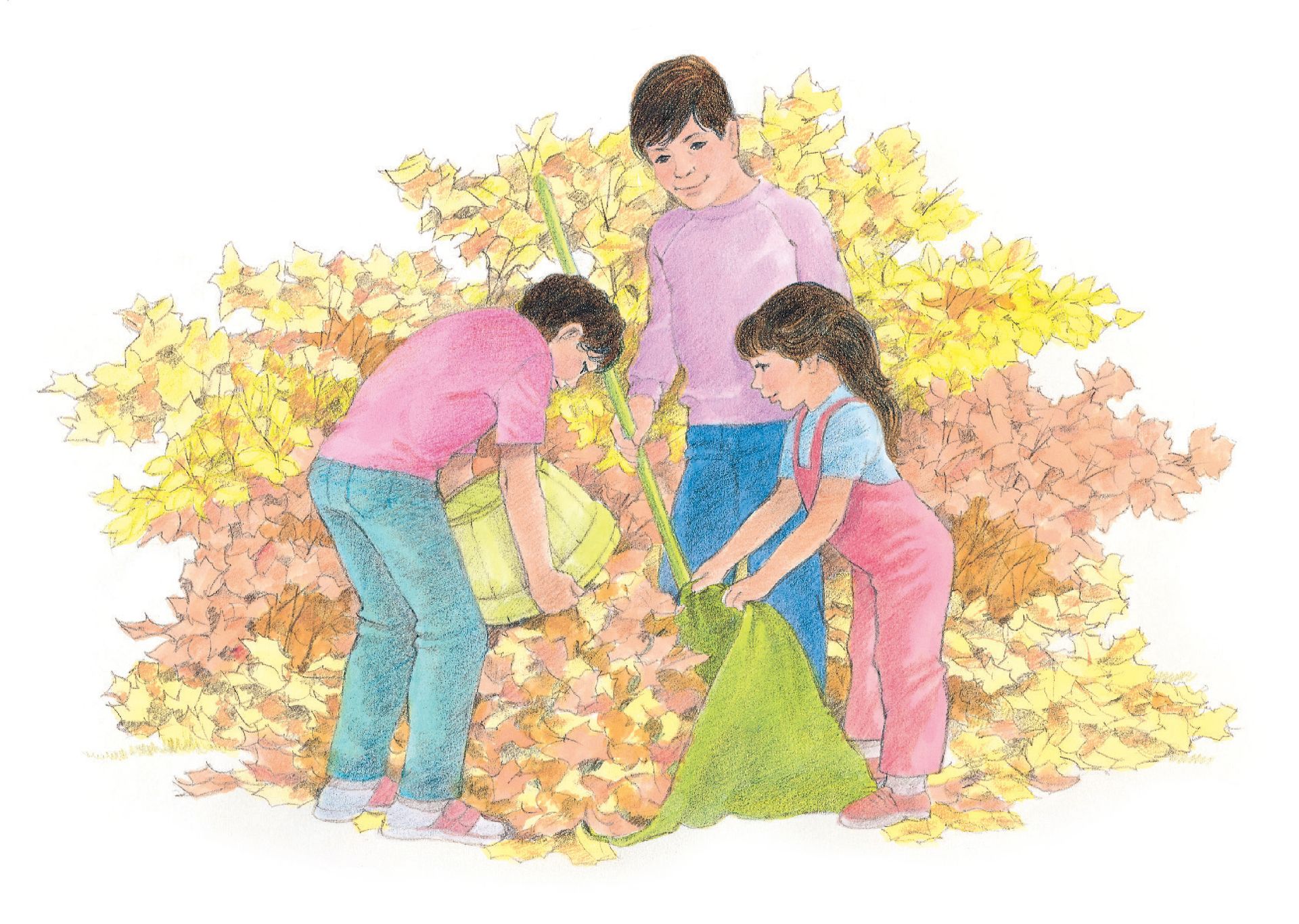 A family raking autumn leaves together. From the Children’s Songbook, page 246, “It’s Autumntime”; watercolor illustration by Virginia Sargent.