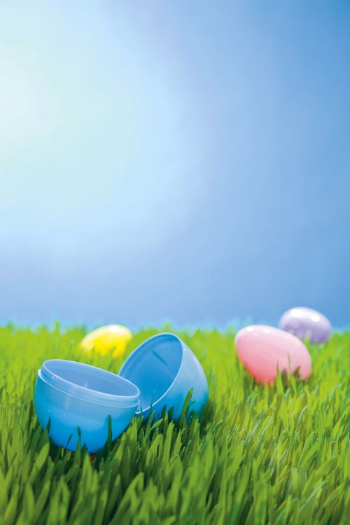 Four plastic Easter eggs lying on a patch of bright green grass under a clear blue sky.