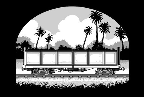 an open freight car sitting on train tracks in a tropical setting